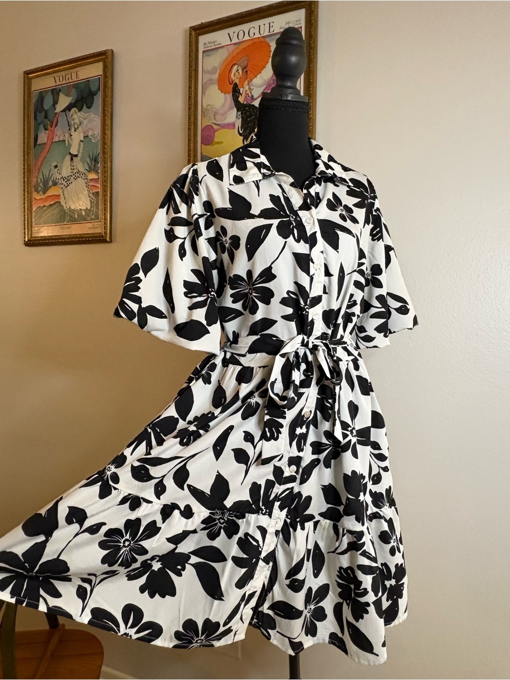 Black & White Floral Button-Front Midi Dress